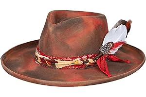 RUEDIGER Vintage Pencil Brim Fedora Hats 100% Wool Felt Hat Panama Rancher Hat with Lightning Logo Handmade Distressed/Burned