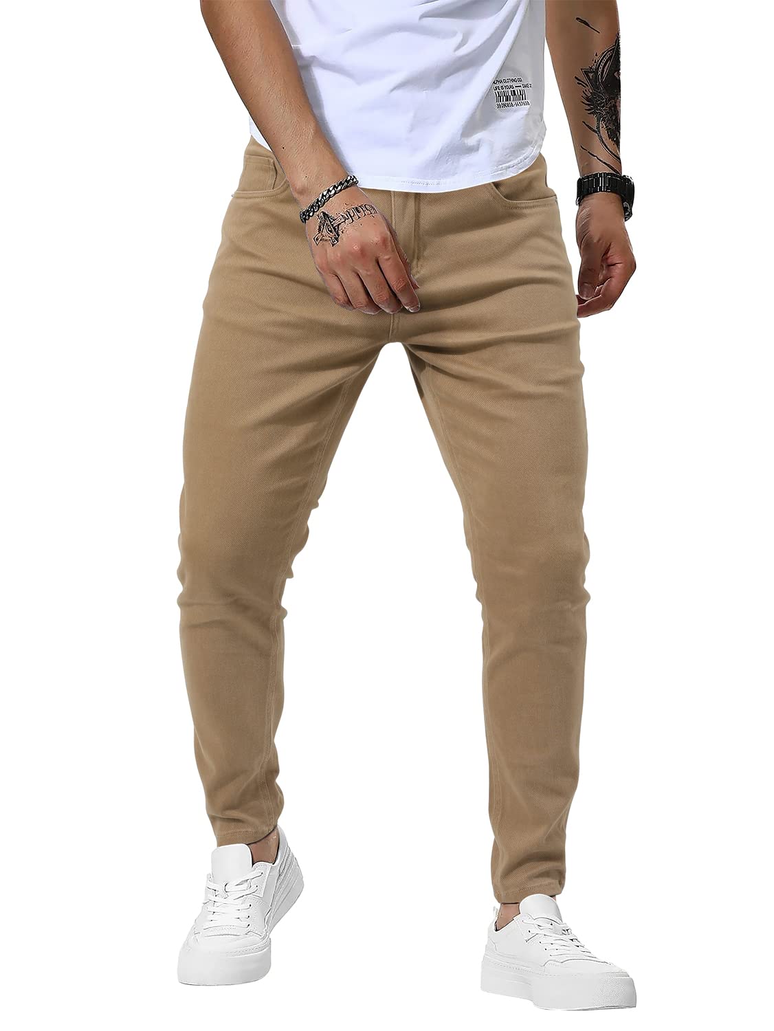 Photo 1 of Khaki Jeans for Men Slim Fit Stretch Distressed Denim Jeans Skinny Tapered Long Denim Pants