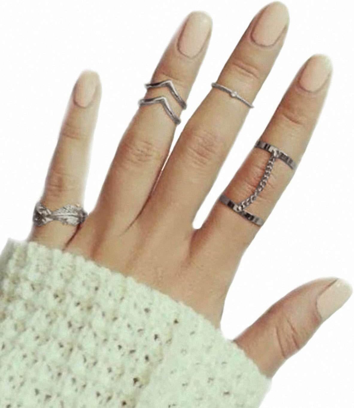 CYimejo Fashion 6pcs Stack Rings Leaf V Rhinestone Joint Rings Knuckle Nail Ring Set … as pictureSilver