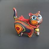 HLbshi Handmade Rainbow Wooden cat Figurine Animal Carving Statue Office Desk Study Home Decor 1.5'' (Big Eye)