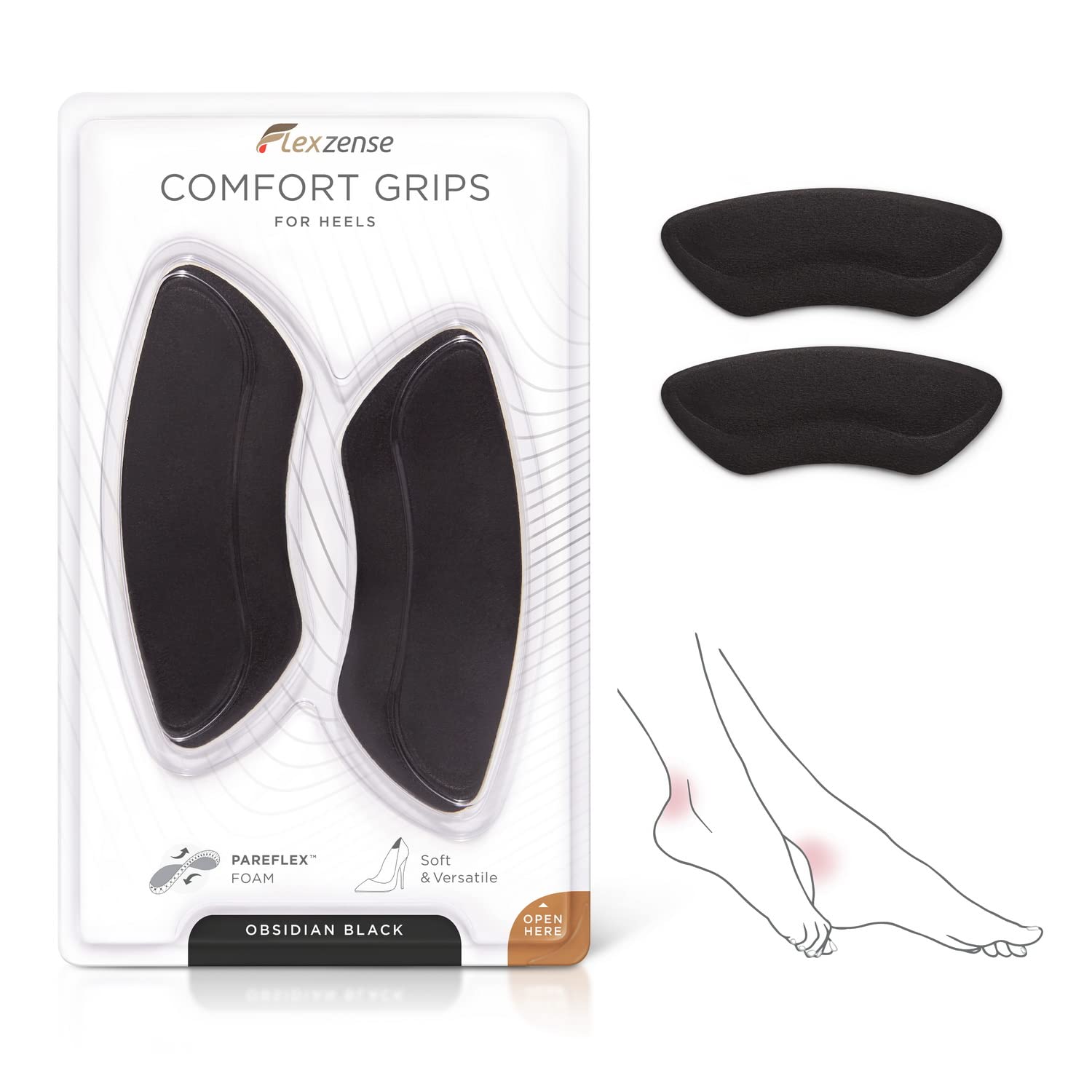 FLEXZENSE Comfort Grips | Reduce Blisters at The Heel from Tough Shoe Lining | 1 Pair (Obsidian Black)