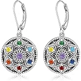 Mandala Chakra Earrings for Women Sterling Silver Yoga Lotus Flower Dangle Drop Earrings Flower of Life Protection 7 Chakras Jewelry Gifts