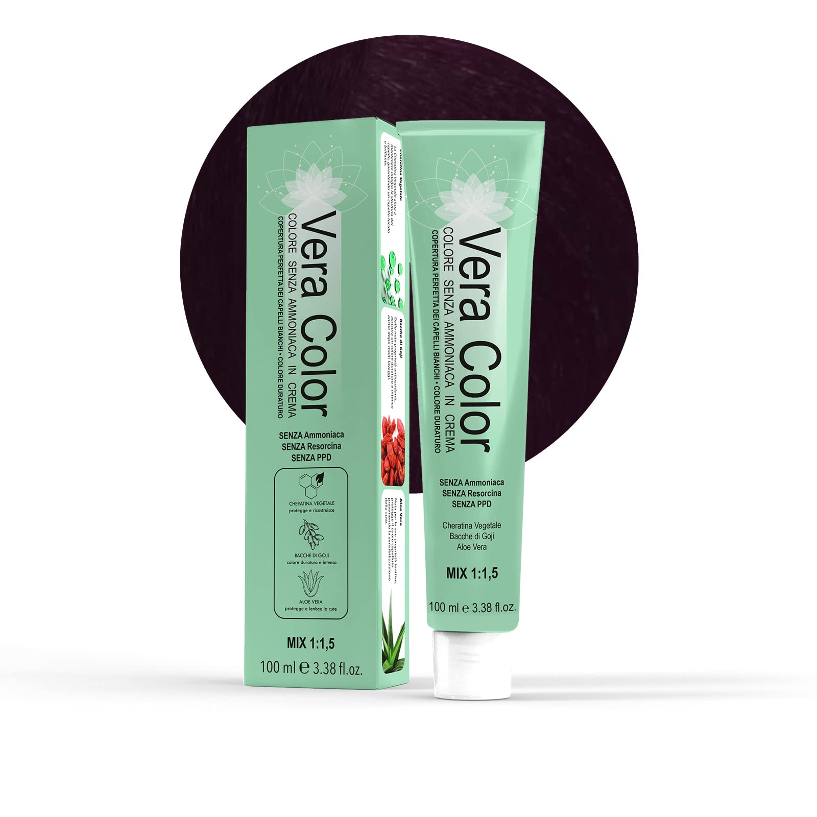 Vera Color - 4.2 Irisée Brown - Professional Permanent Hair Dye, No Ammonia Cream Hair Colour with Plant Keratin, Aloe Vera and Goji Berries - Total Coverage of Grey Hair - 100 ml