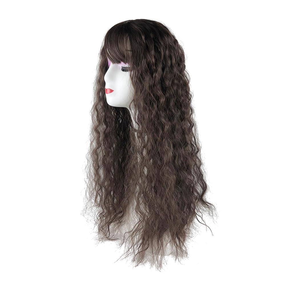 Middle Part Clip in Forehead Hairpiece Loose Curly Topper with 3D Neat Fringe for Full Head Wear Dark Brown