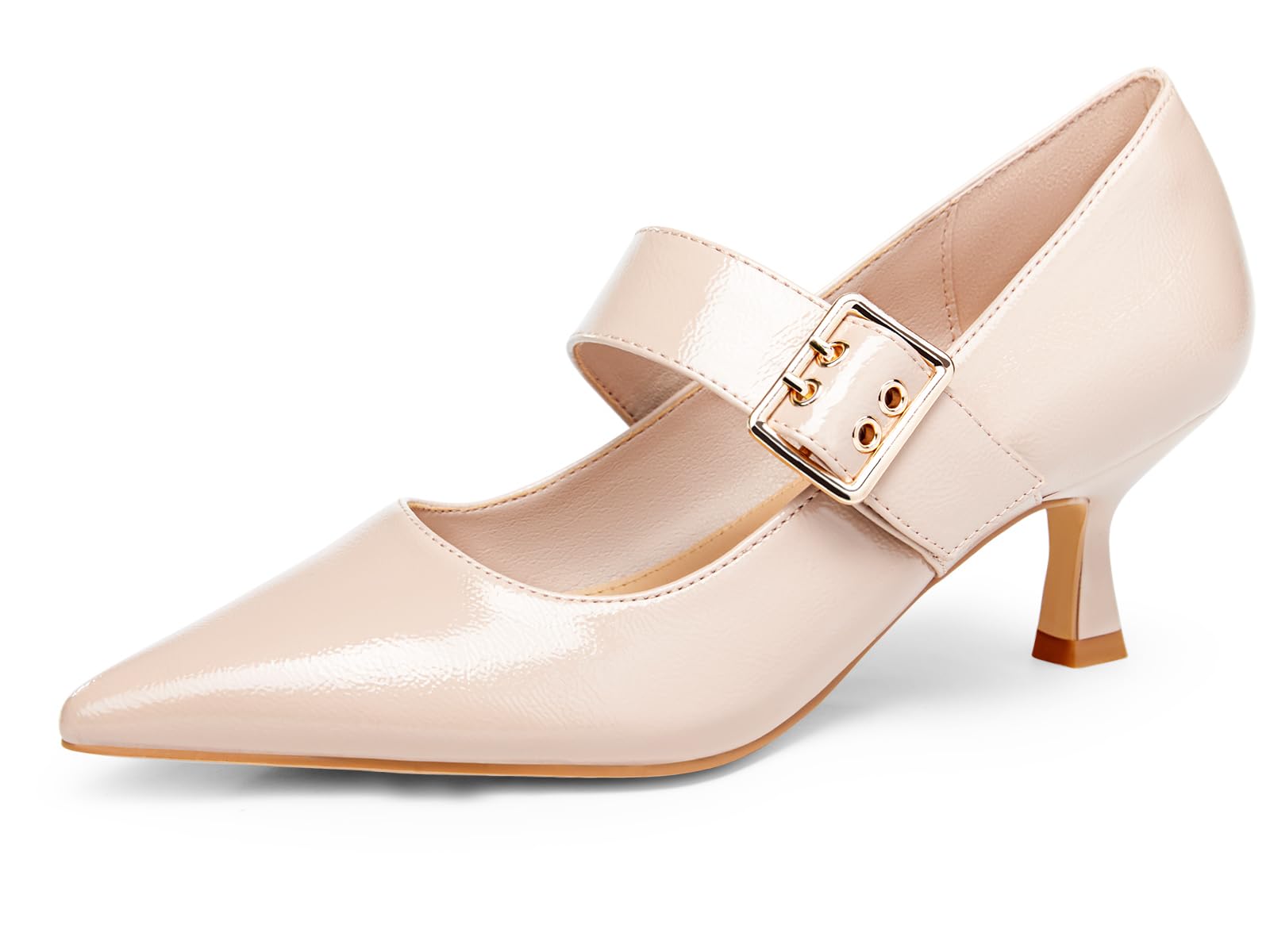 Photo 1 of Coutgo Womens Kitten Heels Mary Jane Shoes Closed Pointed Toe Dress Shoes Buckle Work Office Pump Shoes, Khaki, Size 9