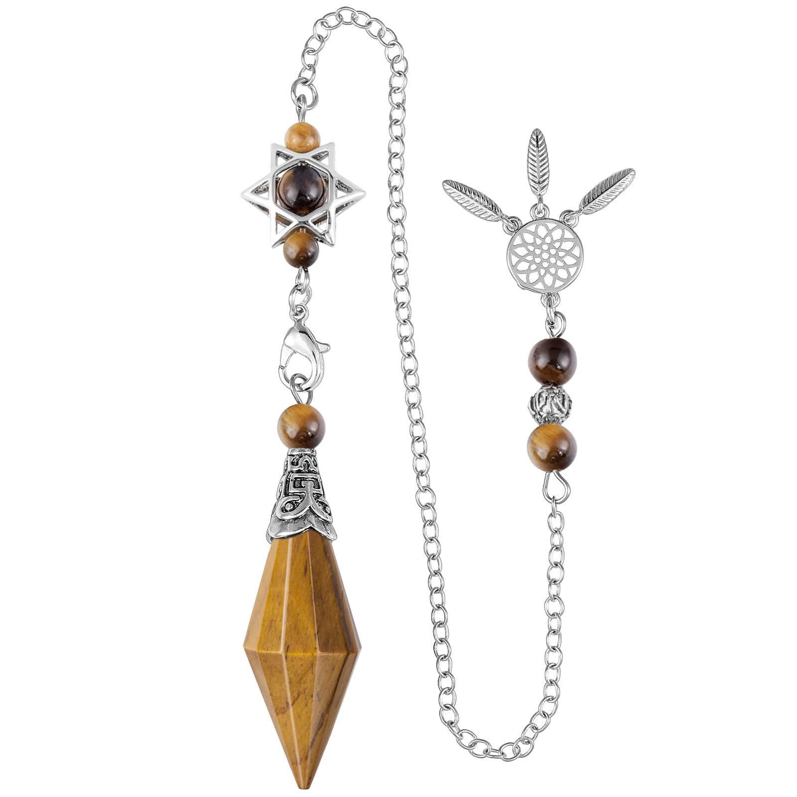 Nupuyai Tiger's Eye Crystal Stone Point Pendulum for Divination Scrying Dowsing, Healing Stone Pendulum with Merkaba Star Dream Catcher Chain