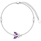 AOBOCO 925 Sterling Silver Butterfly Link Adjustable Bracelet with Birthstone Crystal from Austria, Butterfly Jewelry Gifts for Women 7-9 inches