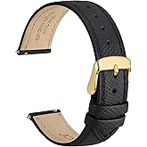 WOCCI 16mm Grace Watch Band for Ladies, Top Grain Leather, Quick Release Replacement Strap with Gold Buckle (Black)