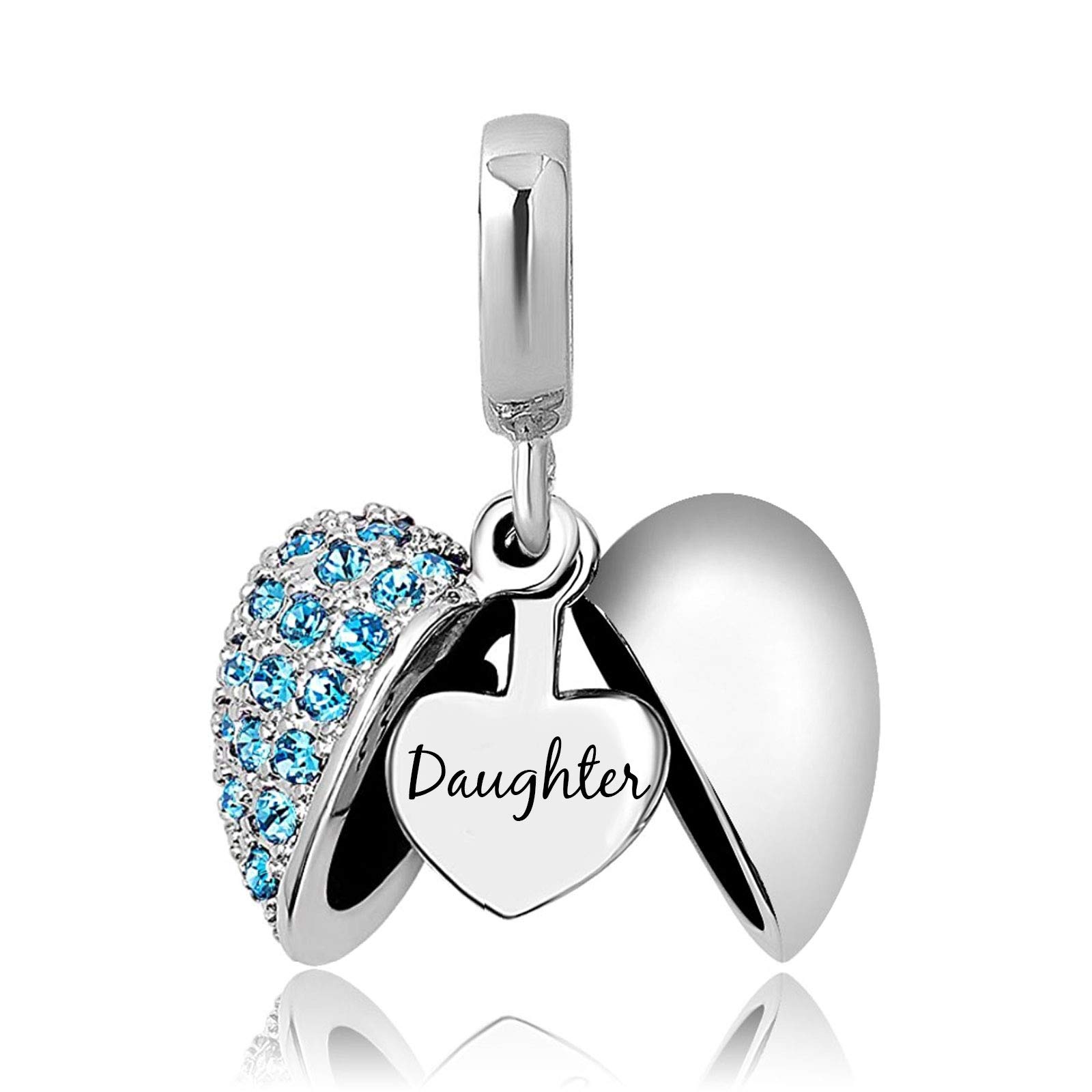 KunBead Jewelry Daughter Heart I Love You March Birthstone Blue Birthday Dangle Charms for Women Girls