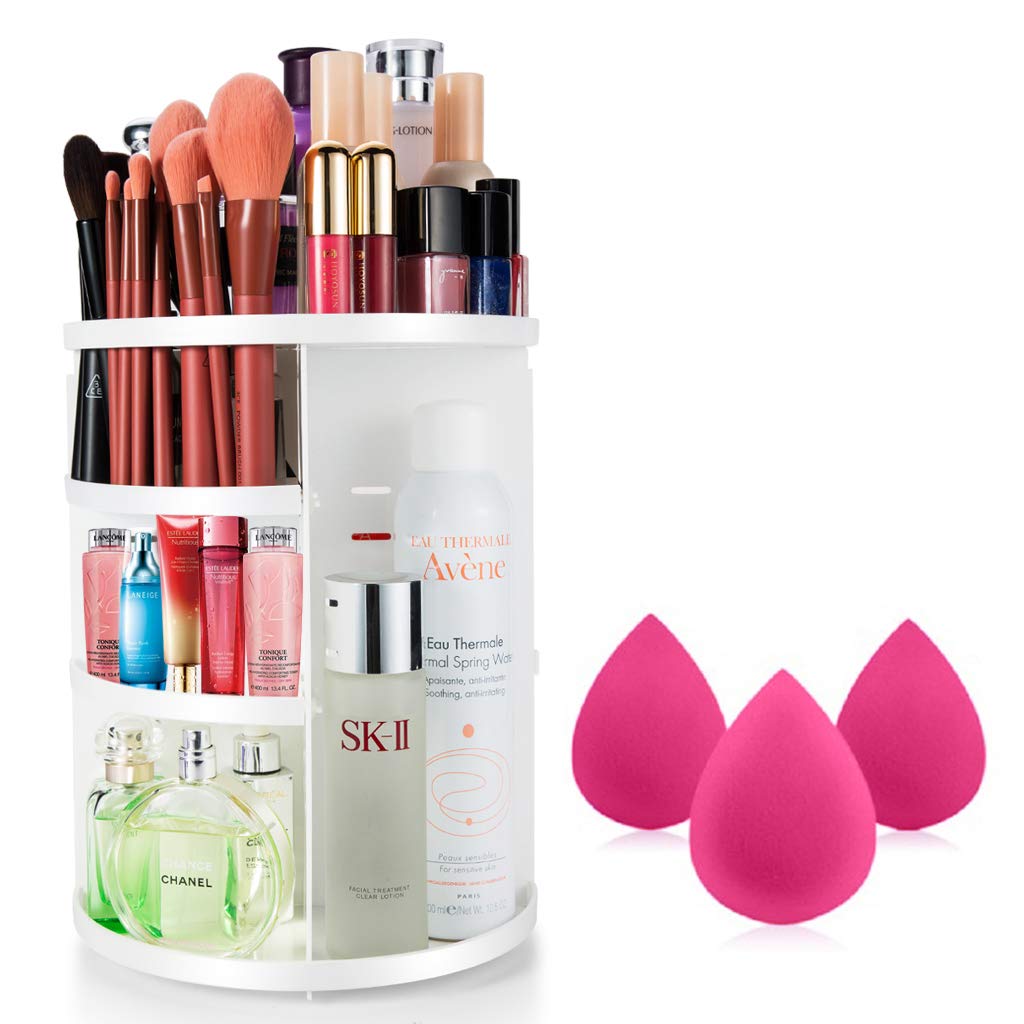 MOKARO 360 Degree Rotating Makeup Organizer with 3 Pcs Free Makeup Sponge for Birthday Gifts Adjustable Countertop Cosmetic Storage Box with Makeup Brush Holders 7 Layers Large Capacity Display Case