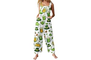 Women's St Patricks Day Outfits Green Shamrock St Patricks Jumpsuits Irish Clover Loose Fit Wide Leg Overalls