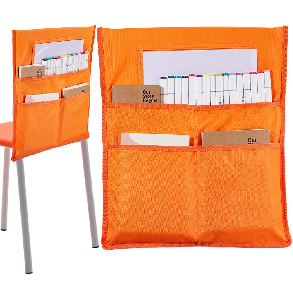 CRASPIRE Chair Buddy Storage Pocket 19 x 16.5in Chair Back Organizer Chart Orange with Name Tag Label Slot Students Seat Chairback Multiple Pockets for School Home Classroom Preschool Daycare Supplies