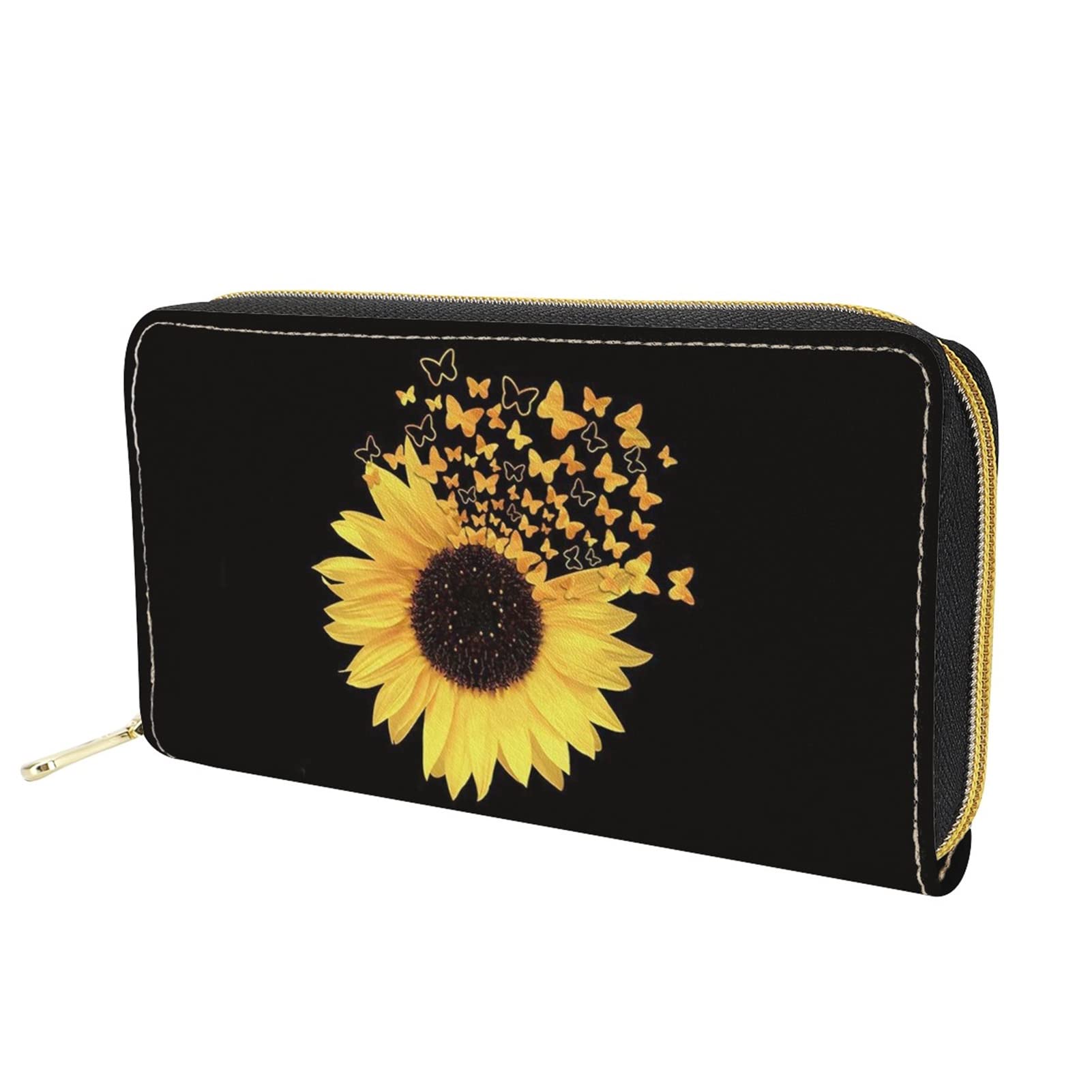 Dolyues Yellow Sunflower Butterfly Print Ladies Long Pu Leather Wallet,Fashion Credit Card Holder Cash Clutch Bags with Coin Pocket Zipper Large Capacity Black