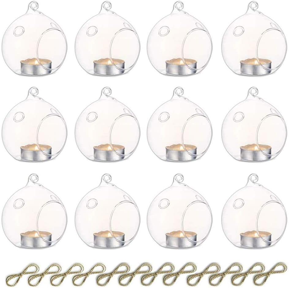 Nuptio 12 Pcs Hanging Glass Globe Tea Light Candle Holders Package