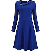 Hobemty Women's A Line Work Dress Long Sleeve Asymmetrical Neckline Office Flare Dresses