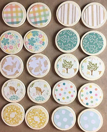 Handmade wooden matching game with flower patterns, stripes, dots, deer, bunnies, great gift