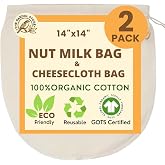 Organic Cotton 14"x14" Nut Milk Bag - 100% Organic Unbleached Cotton Easy To Clean Nut Milk Strainer/Cheesecloth Bags, Reusab