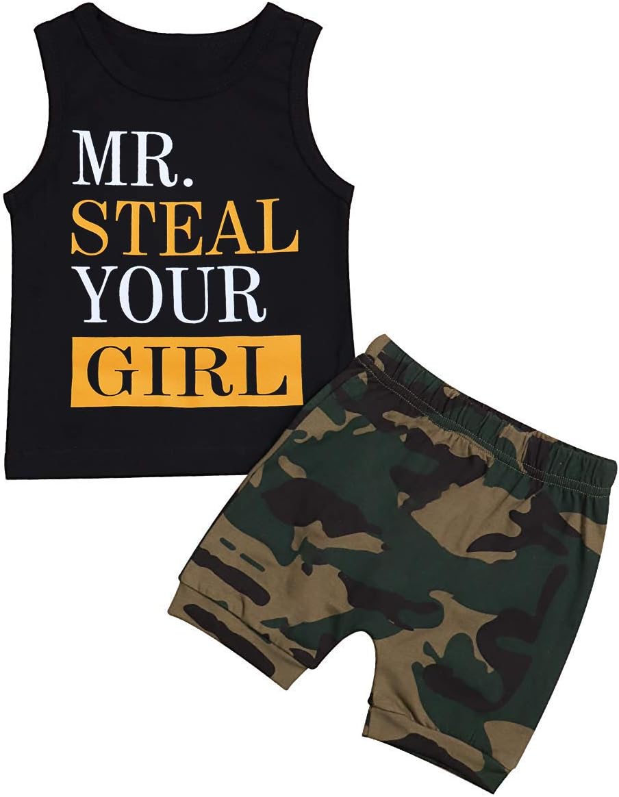 Toddler Baby Infant Boy Clothes Mr Steal Your Girl Vest +Camouflage Shorts Summer Outfit Set