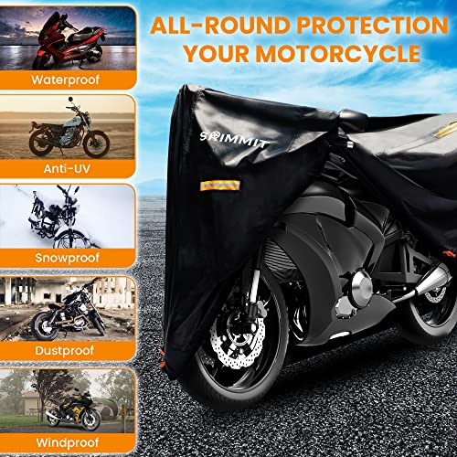 Funda para Motocicleta Impermeable extra grande-420D Tela Oxford Cubierta de Moto,con ventana para matrícula,4 tiras reflectantes,Tres hebillas cortaviento,2 Bocallaves（4XL 116 x 43 x 55 pulgadas)