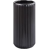 Black Ceramic Flower Vase for Pampas Grass, 10 inch Large Decorative Centerpiece Ribbed Vase for Dining Table, Office Desktop, Shelf Bookshelf, Mantel, Entryway, Bathroom, Countertop, Farmhouse, Gift