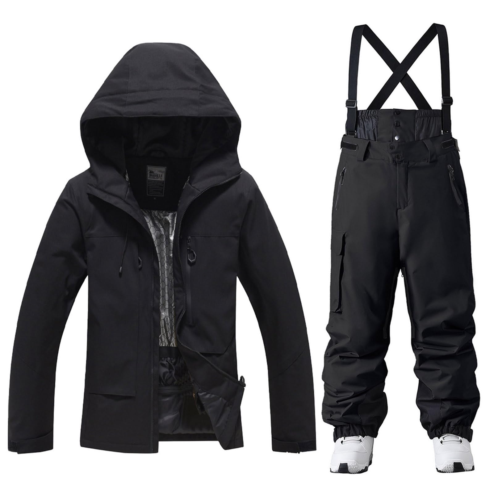 Photo 1 of YEEFINE Men's Ski Suit Two Piece Waterproof Ski Black Jacket and Black Pants Set Windproof Winter Snow Coat Warm Snowsuits
