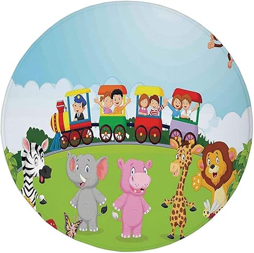 W Wee Alfombrilla Redonda Alfombra Dibujos Animados Diseno De Guarderia Para Ninos Ninos Felices En Un Tren Choo Choo Con Ilustraciones De Animales De Safari Multicoloroom Amazon Es Hogar