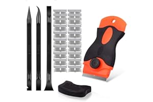 SRXAMZUS Razor Blade Scraper, 3 Kinds of Two-Way Scratch Free Plastic Scrapers, Edged Razor Blade Scraper Tool with 20 Pcs Razor Blades, Glass Scraper for Windows, Decals, Tint, Stickers, Labels, Caulk