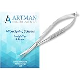 ARTMAN Micro Scissors 4.5&rdquo; Straight Castroviejo &ndash; Premium Stainless Steel Spring Action Squeeze Scissors for Stitch Cutting, Sewing, Embroidery, Applique, Craft, Dental &amp; Surgical Precision