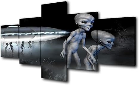 Amazon Com Art Panels For Wall Flying Saucer Pictures Two Grey Realistic Alien In Space Paintings Ufo Wall Art 5 Piece Canvas Modern Artwork Home Decor For Living Room Framed Stretched Ready To