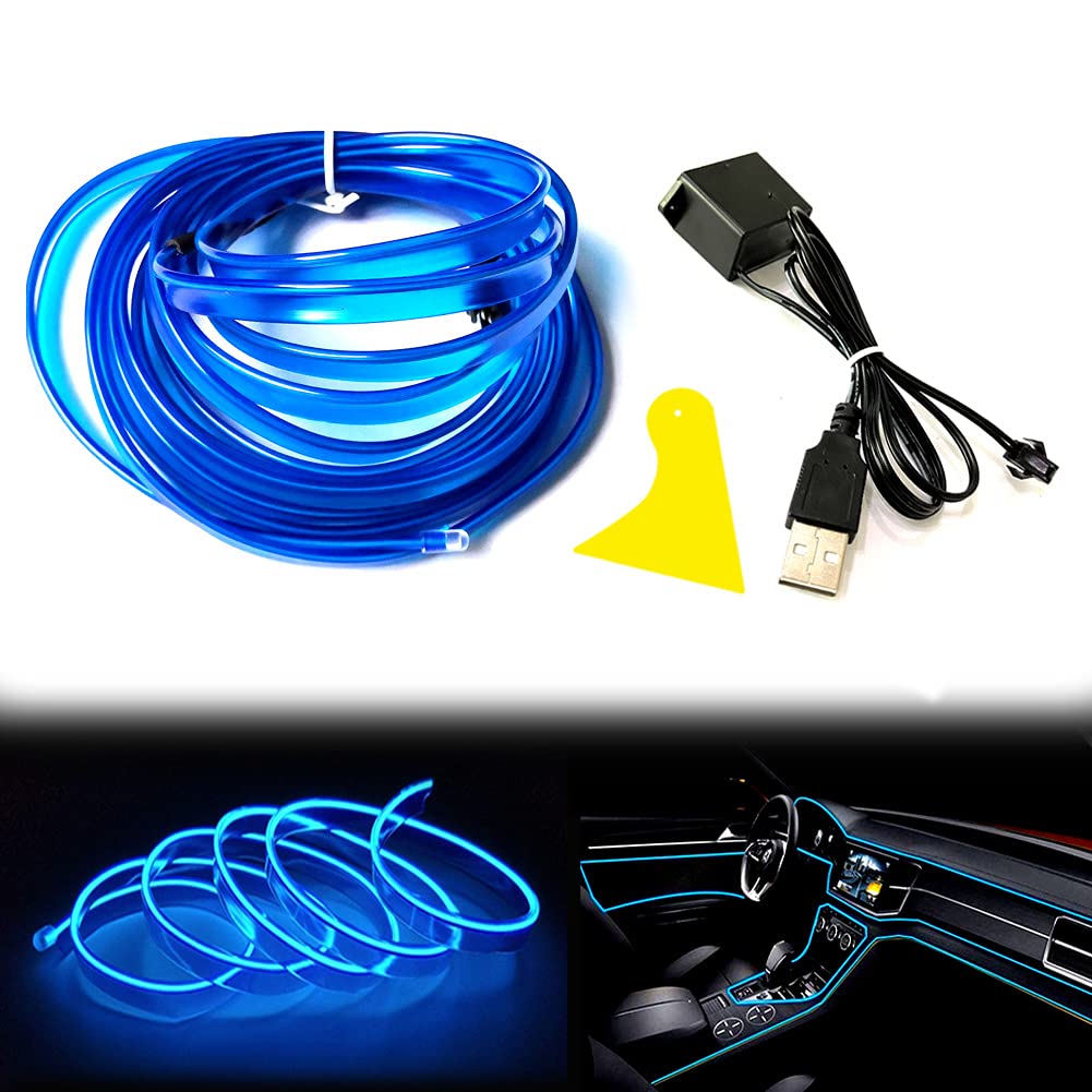 Balabaxer El Wire blue Interior Car LED Strip Lights, 5M Neon Wire USB 5V with Fuse Protection for Automotive Car Interior Decoration with 6mm Sewing Edge