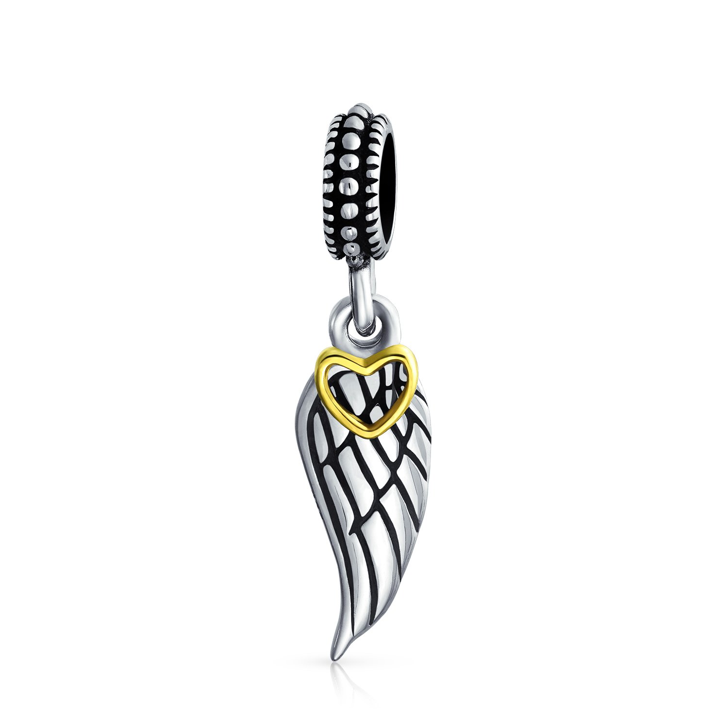 Bling Jewelry Two Tone Heart Dangle Guardian Angel Wing Feather Charm Bead For Women For Teen .925 Sterling Silver Fits European Bracelet