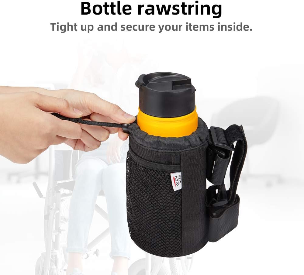 kemimoto Wheelchair Cup Holder, Rollator Drink Holder Universal Walker Cup Holder Stroller Water Bottle Carrier with Mesh Pockets-Washable Collapsible Adjustable, Black…: Health & Personal Care