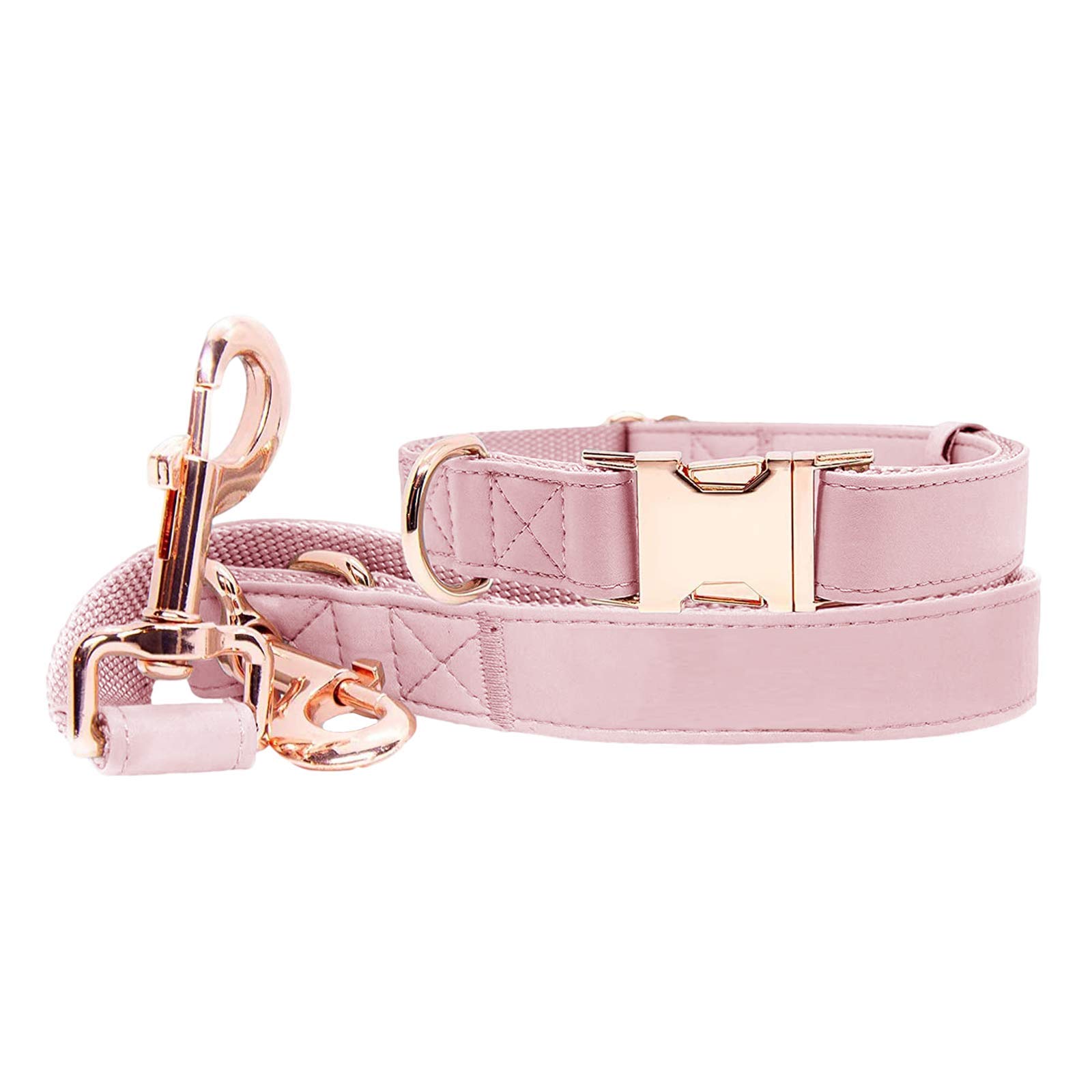 Dog Collar and Dog Leads(6.6') Set - Soft Vegan Leather with Rose Gold Metal Buckle, Adjustable 3 Lengths Leash for Small Medium Large Dogs Training & Walking (Pink;XS(8"12"))