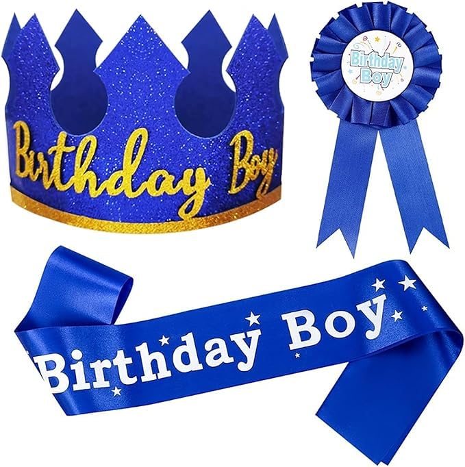 Risipu 3pcs Birthday Sash & Crown Hat with Badge for Kids, Happy Birthday Decorations Photo Props (Blue)