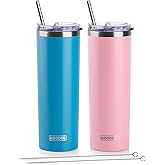 koodee 20 oz Tumbler with Lid and Straw-2 Pack Stainless Steel Insulated Coffee Tumbler Cup, Beach Cup Mug for Women/Men Diy Birthday Gift (Sky Blue-Pink)