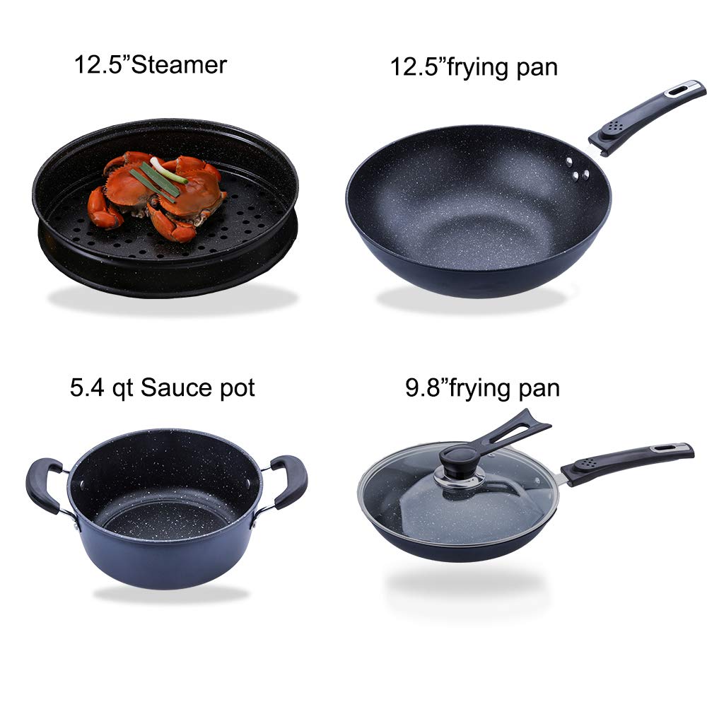 TAFOND 7 Piece Aluminum Nonstick Cookware Sets Includes Steamer insert Sauce Pot and Frying Pans with Glass lid Silicone spatula Blue