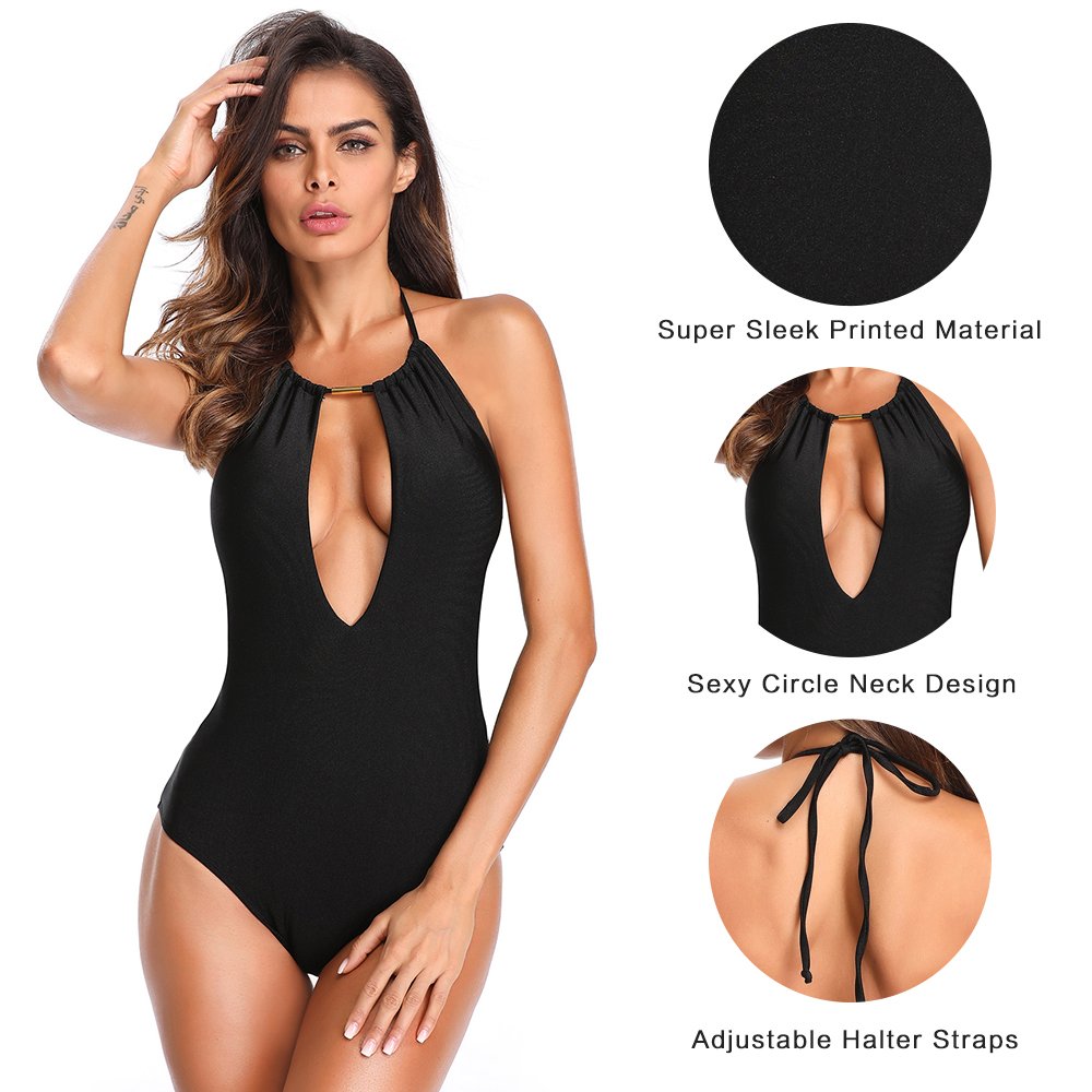 MarinaVida Women One Piece Swimsuit Halter Deep V Neck Bathing Suit