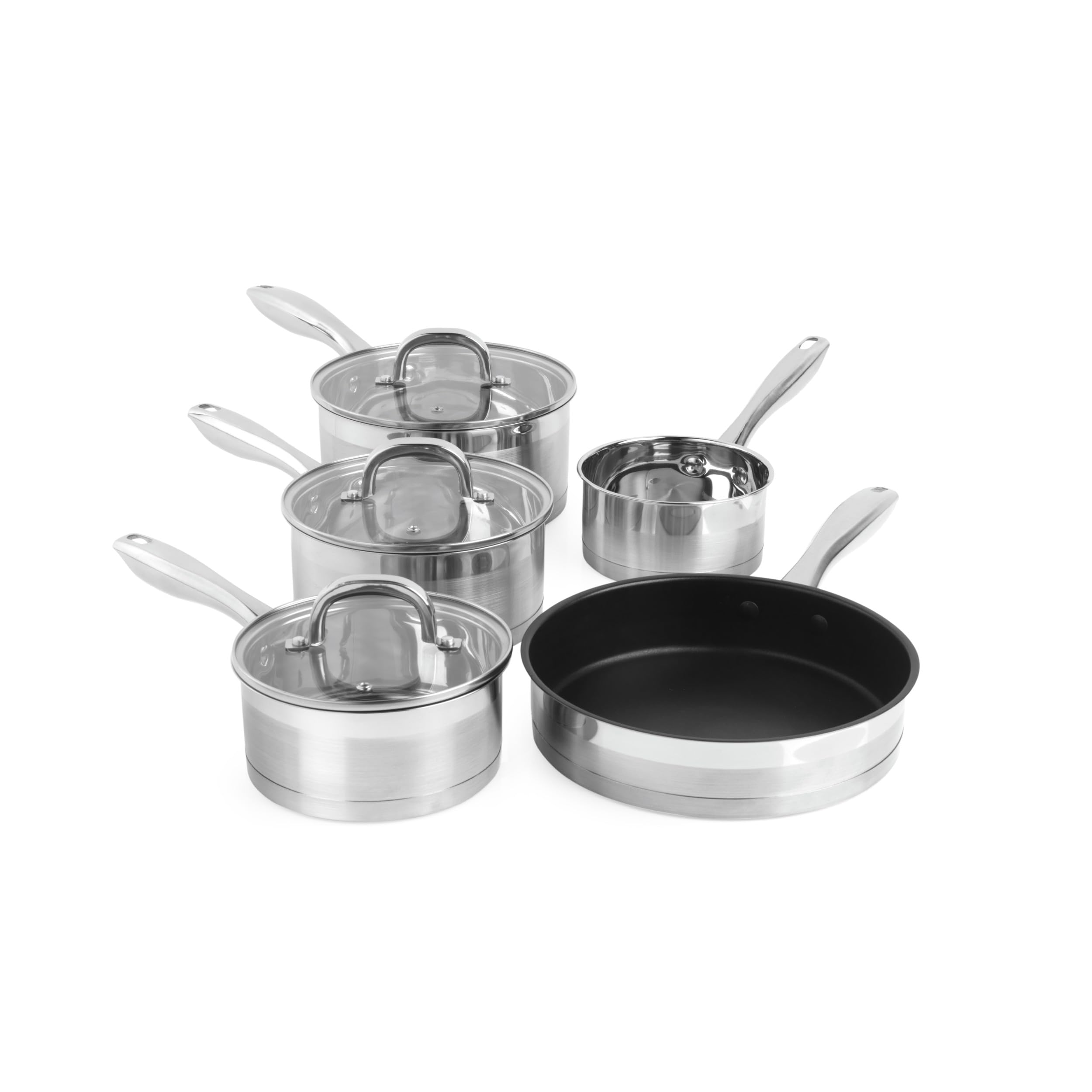 Salter Timeless 5 Piece Pan Set - Induction Hob Cooking Pots, Stainless Steel Cookware, 16, 18, 20 cm Saucepans, 14cm Milk Pan & 24cm Frying Pan, Includes Tempered Glass Lids, Easy Grip Handles