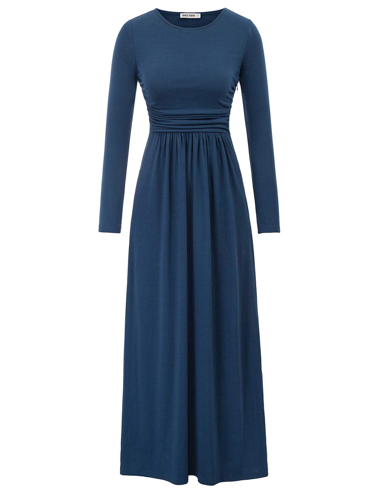 Women Long Sleeve Casual Maxi Long Dress with Pockets Size M,Dark Blue
