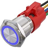 APIELE 19mm Momentary Push Button Switch On Off Stainless Steel with 12V LED Angel Eye Head for 19mm 3/4 Mounting Hole with Wire Socket Plug Self-Reset (Blue)