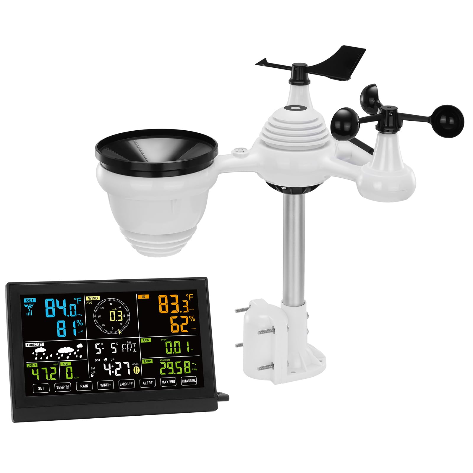 Photo 1 of VEVOR 7-in-1 Wireless Weather Station, 7.5 in Color Display, Digital Weather Station Indoor Outdoor, for Temperature Humidity Wind Speed/Direction Rain UV, with Forecast Data, Alarm, Alerts-NO WiFi