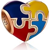 Autism Awareness Charms fit Pandora First Mothers Day Bracelet, 925 Sterling Silver Colorful Puzzle Pieces Enamel Heart Autistic Beads, Gift for Son/Daughter/Cousin