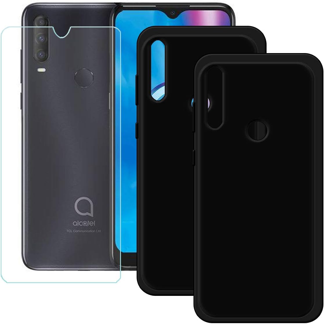 YZKJ Case for Alcatel 1S 2020 Cover + Screen Protector Tempered Glass Protective Film - [2 Pack] Flexible Soft Gel Black TPU Silicone Protection Case for Alcatel 1S 2020 (6.22")
