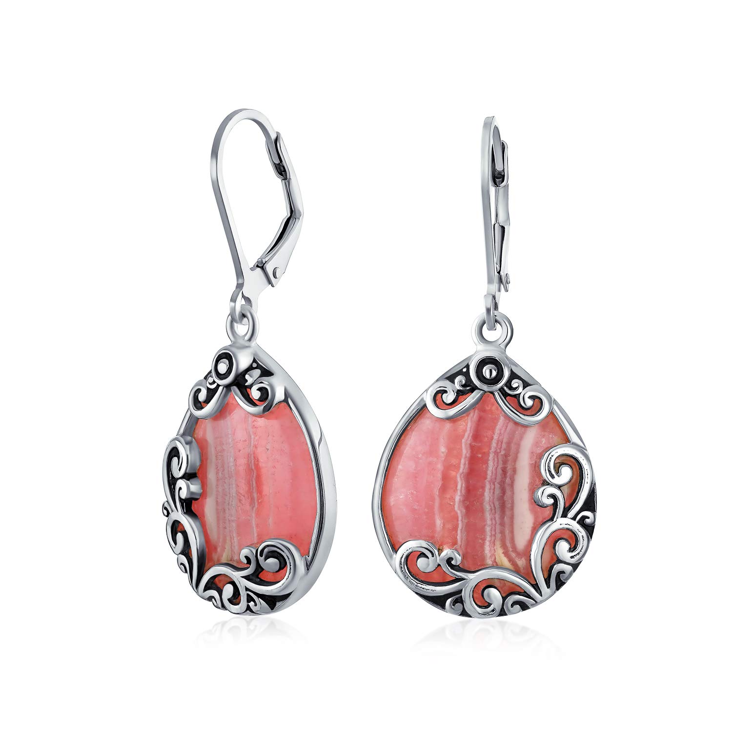 Western Style Teardrop Scroll Filigree Scroll Stabilized Pink Rhodochrosite Lever Back Dangle Earrings For Women .925 Sterling Silver