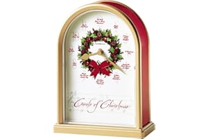 Howard Miller Carols of Christmas II Tabletop Clock – Exclusive Satin Brass Holiday Decor & Chiming Christmas Music Clock with 12 Classic Carols Festive Wreath Design Battery Operated Home Decor