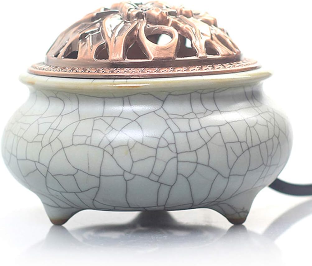 Ceramic Home Decration Incense Sticks or Burner Porcelain Incense Holder,Censer Aroma Diffuser with Adjustable Timer,Copper Cover Holders,Daily Aromatherapy Necessities for Office
