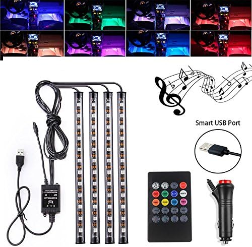 Car Interior LED Strip Lights, Eallc 4pcs 48 LEDs Car Interior light, Multicolor Music Atmosphere Lights Sound Active Function Waterproof LED Lighting Kit with Wireless Remote Control, DC 12V