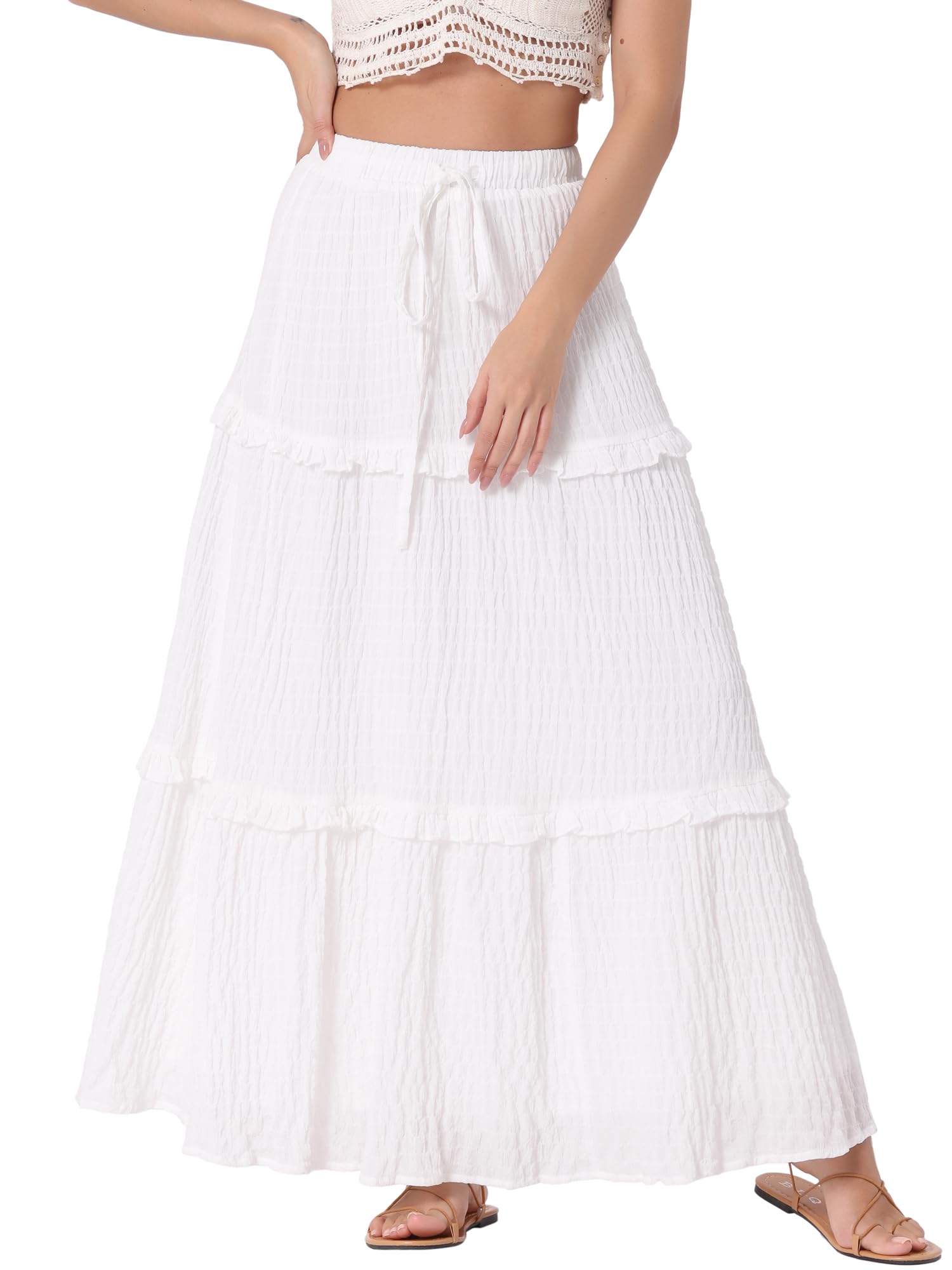 Photo 1 of Allegra K Women's Maxi Skirt Summer Boho Flowy Ruffle Swing Skirts A-Line Beach Tiered Long Skirt X-Small White