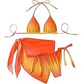SEGT Women's 3 Piece Swimsuit Triangle Halter Side Tie Thong Bikini Set with Cover Up Skirt