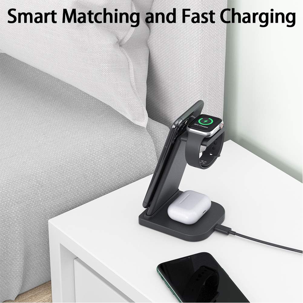3 in 1 Wireless Charging Station, Phone Wireless Charger Stand Watch Charger Stand Compatible with iPhone 12 11 Pro Pro Max X XR XS 8 Samsung Galaxy S20+ S10 S9 iWatch 6/5/4/3/2 Airpods 2/Pro (Black)